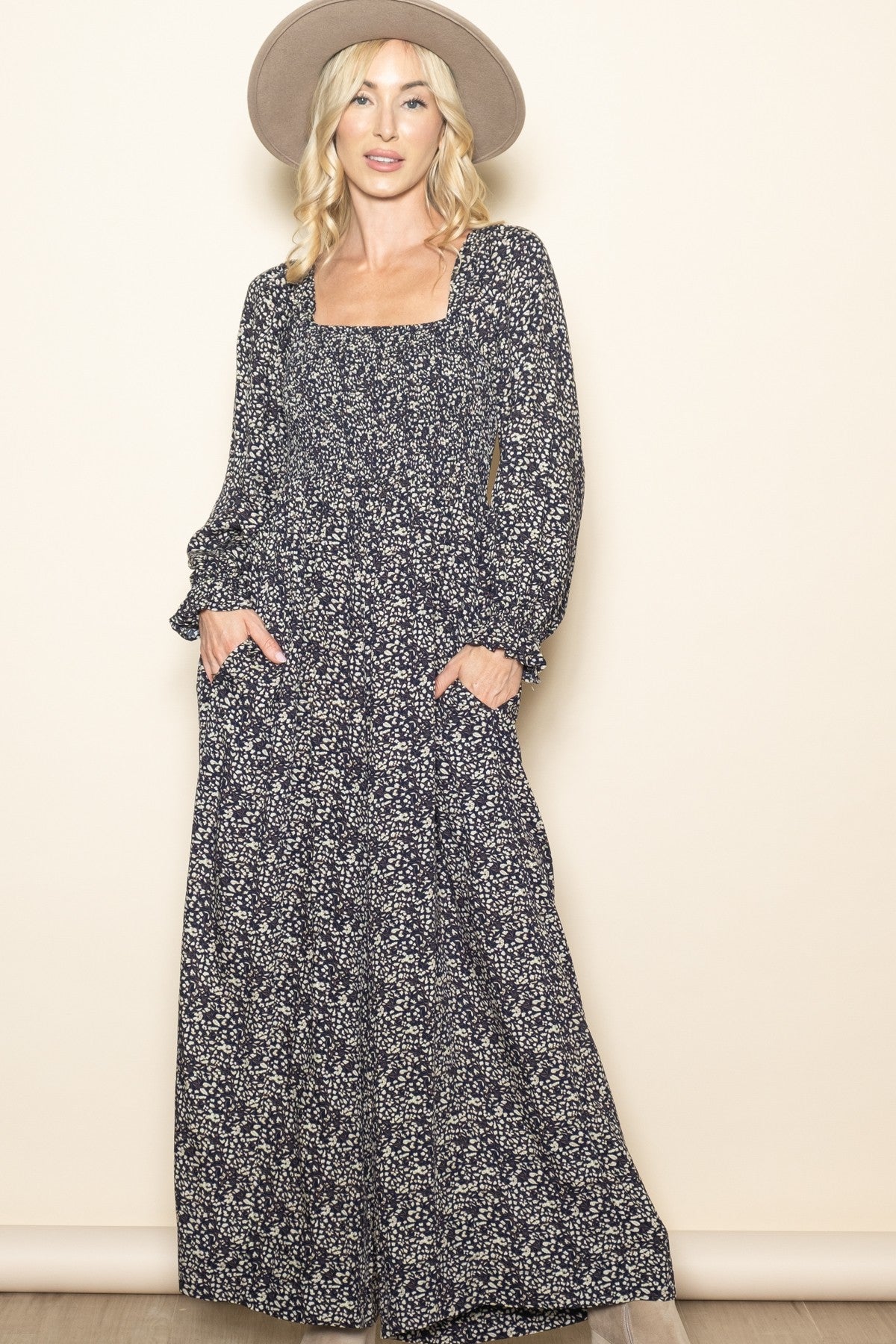 Navy Floral Long Sleeve Wide Leg Maternity Jumpsuit