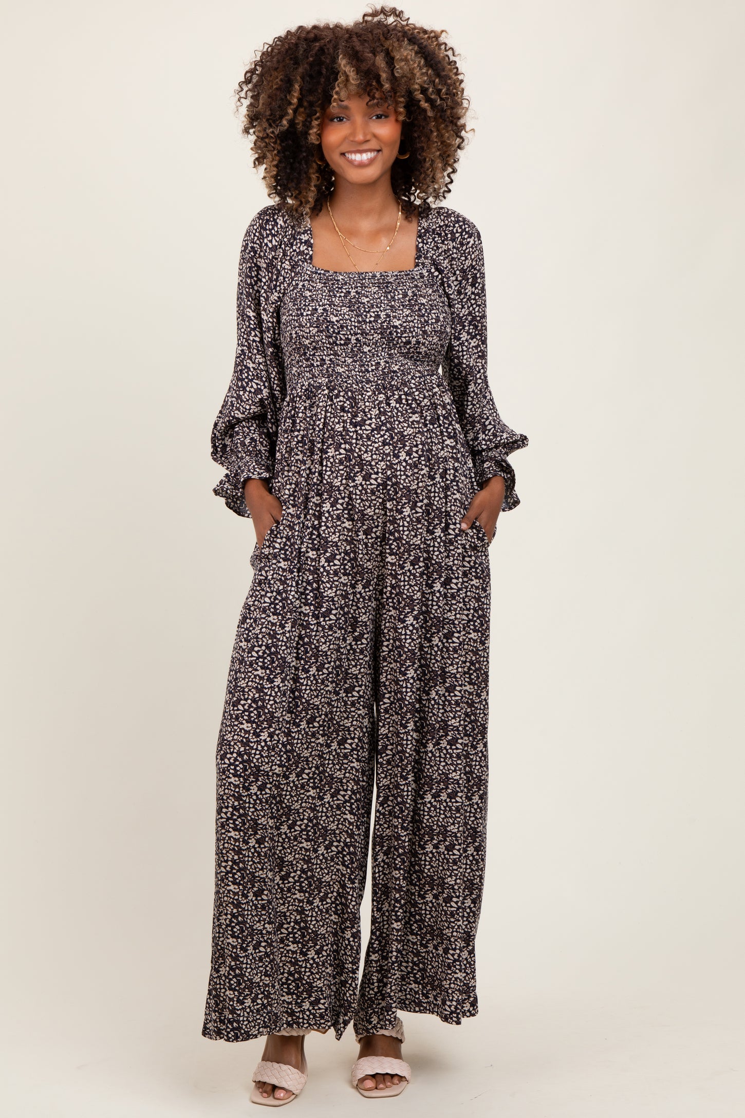 Navy Floral Long Sleeve Wide Leg Maternity Jumpsuit