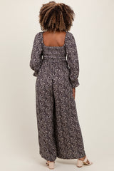 Navy Floral Long Sleeve Wide Leg Maternity Jumpsuit