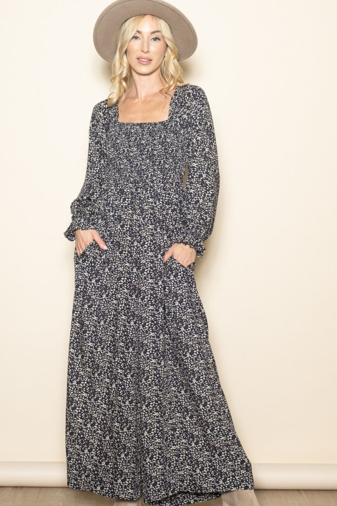 Navy Floral Long Sleeve Wide Leg Jumpsuit
