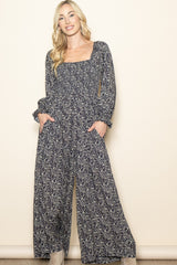 Navy Floral Long Sleeve Wide Leg Jumpsuit