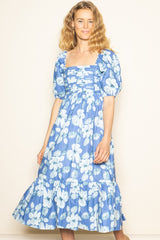 Blue Floral Pleated Bodice Midi Dress