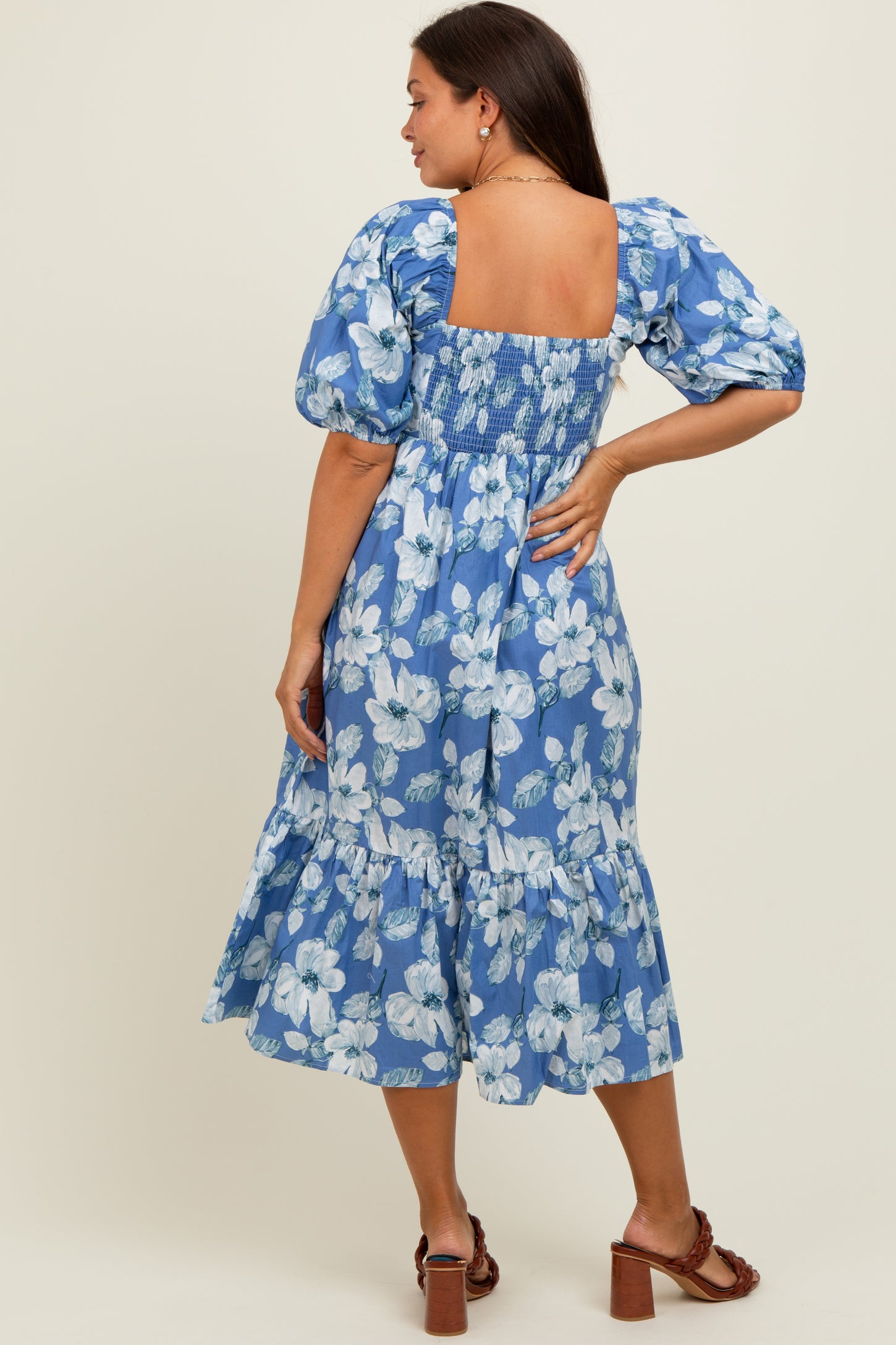Blue Floral Pleated Bodice Maternity Midi Dress