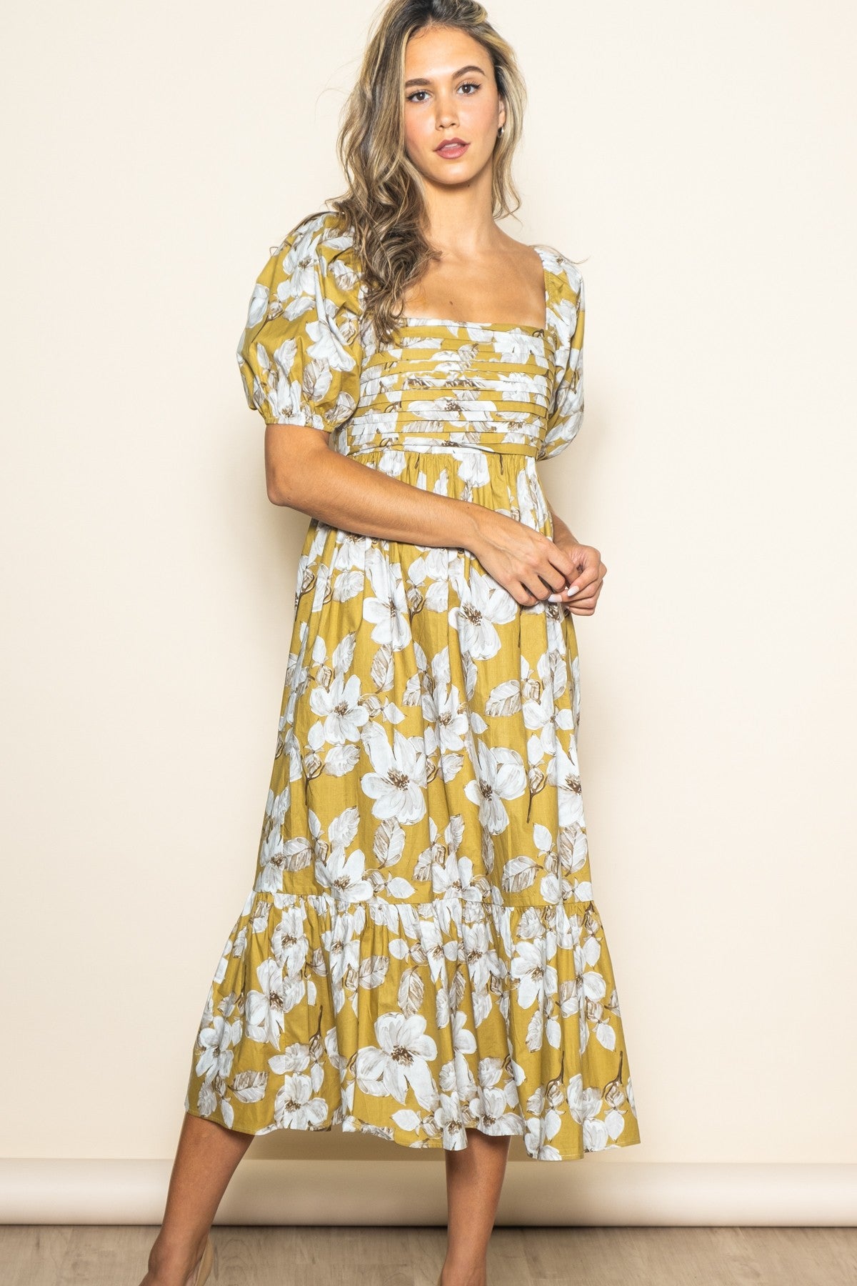 Olive Floral Pleated Bodice Midi Dress