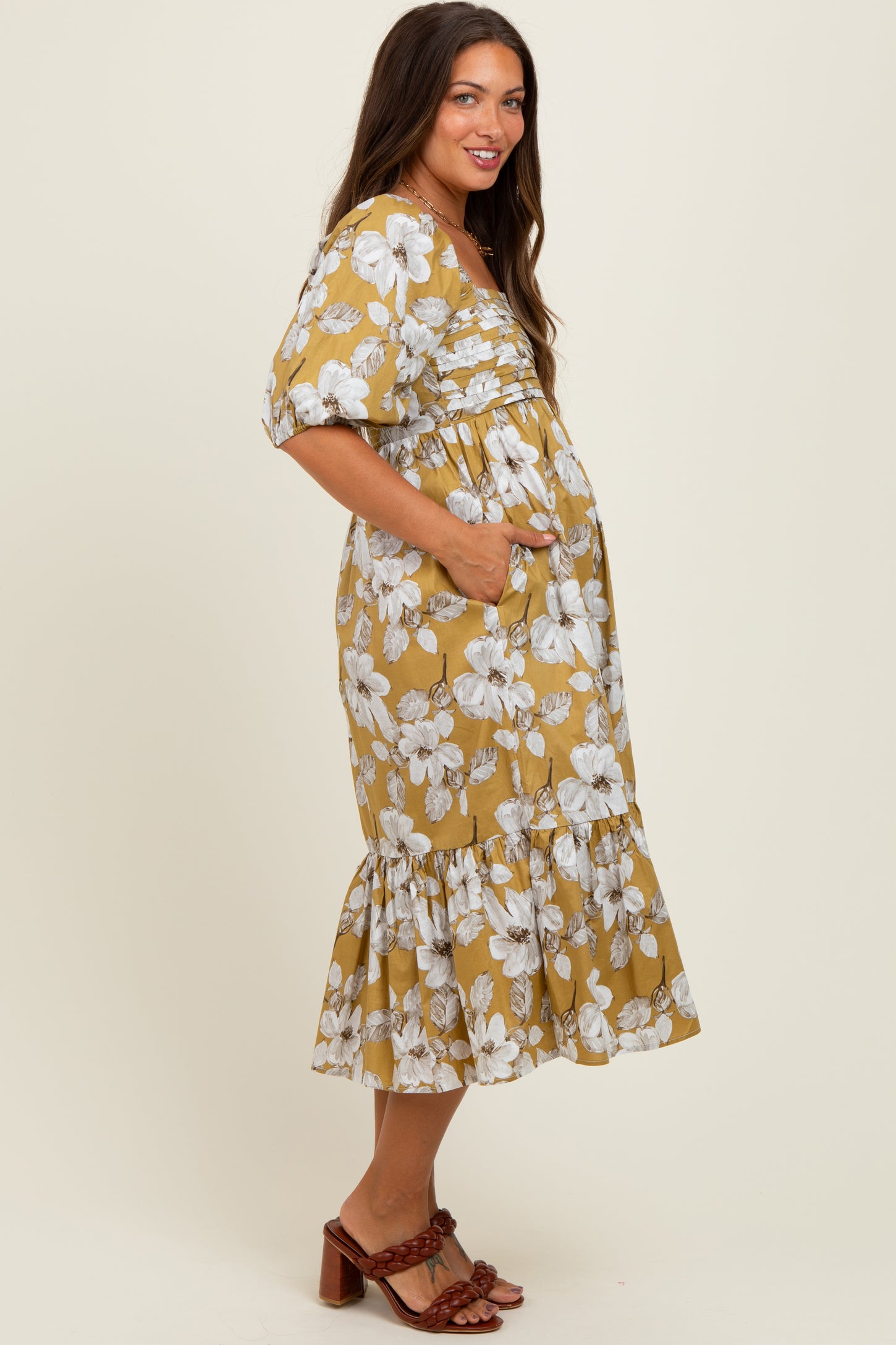 Olive Floral Pleated Bodice Maternity Midi Dress