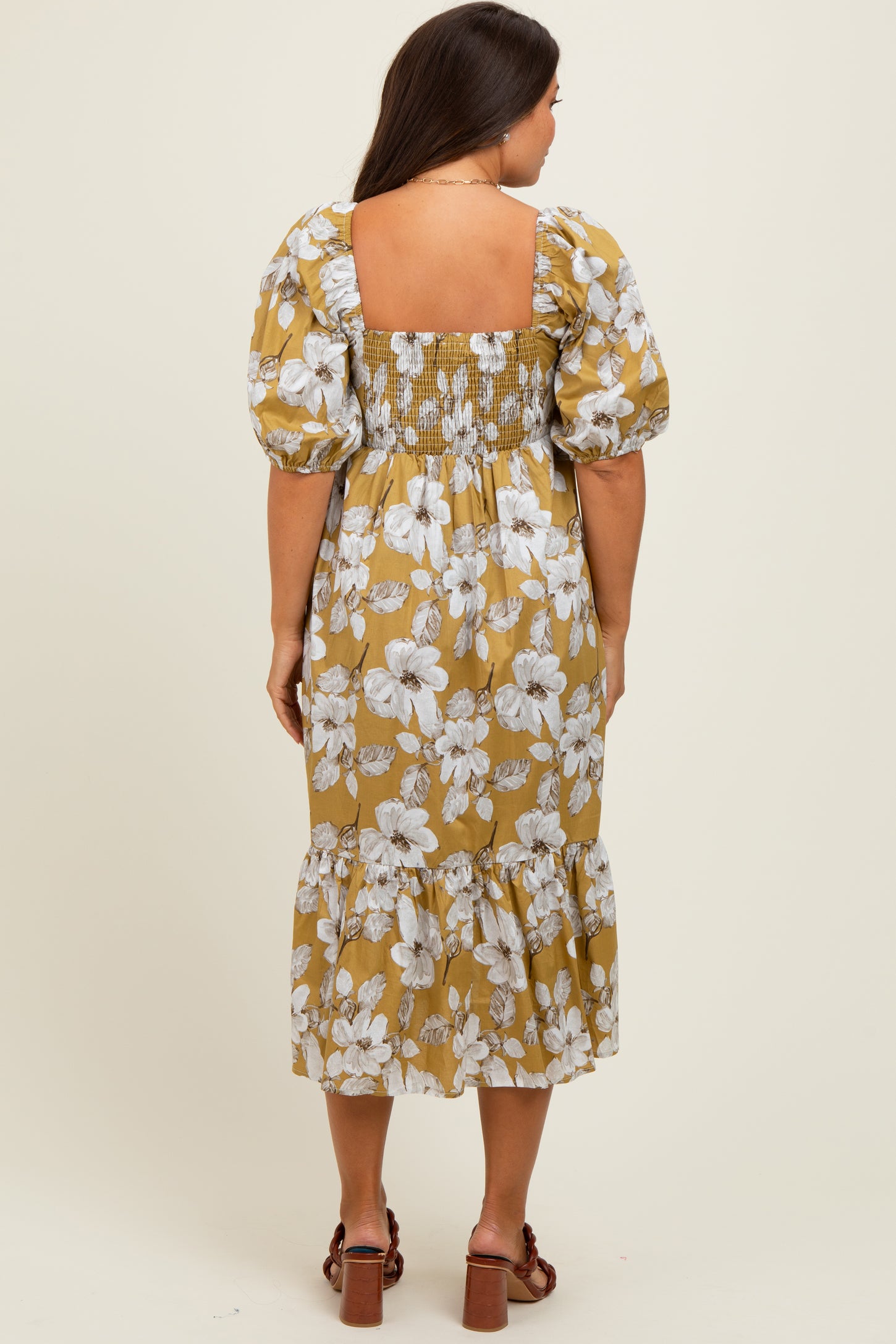 Olive Floral Pleated Bodice Maternity Midi Dress