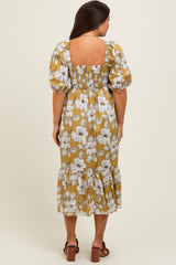 Olive Floral Pleated Bodice Maternity Midi Dress