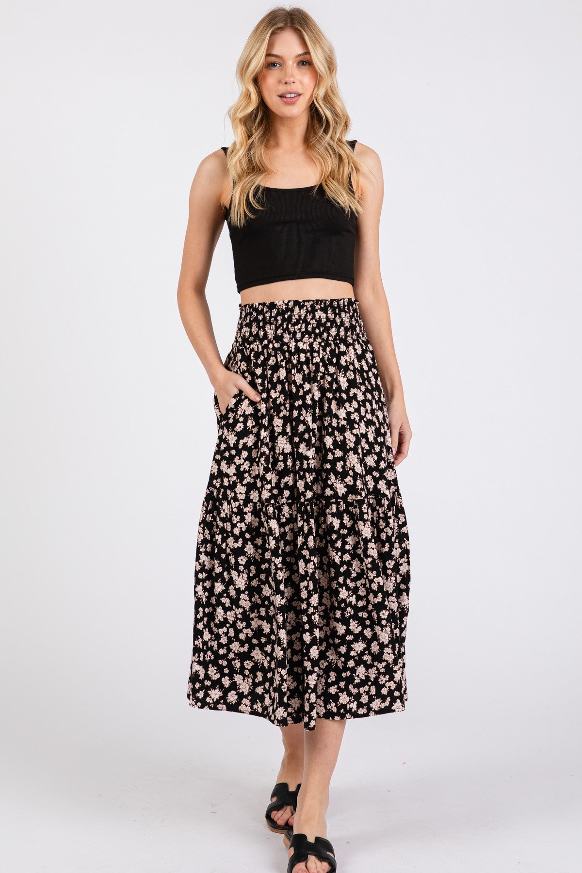 Black Floral Tiered Maternity Midi Skirt