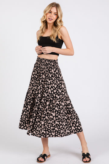 Black Floral Tiered Midi Skirt