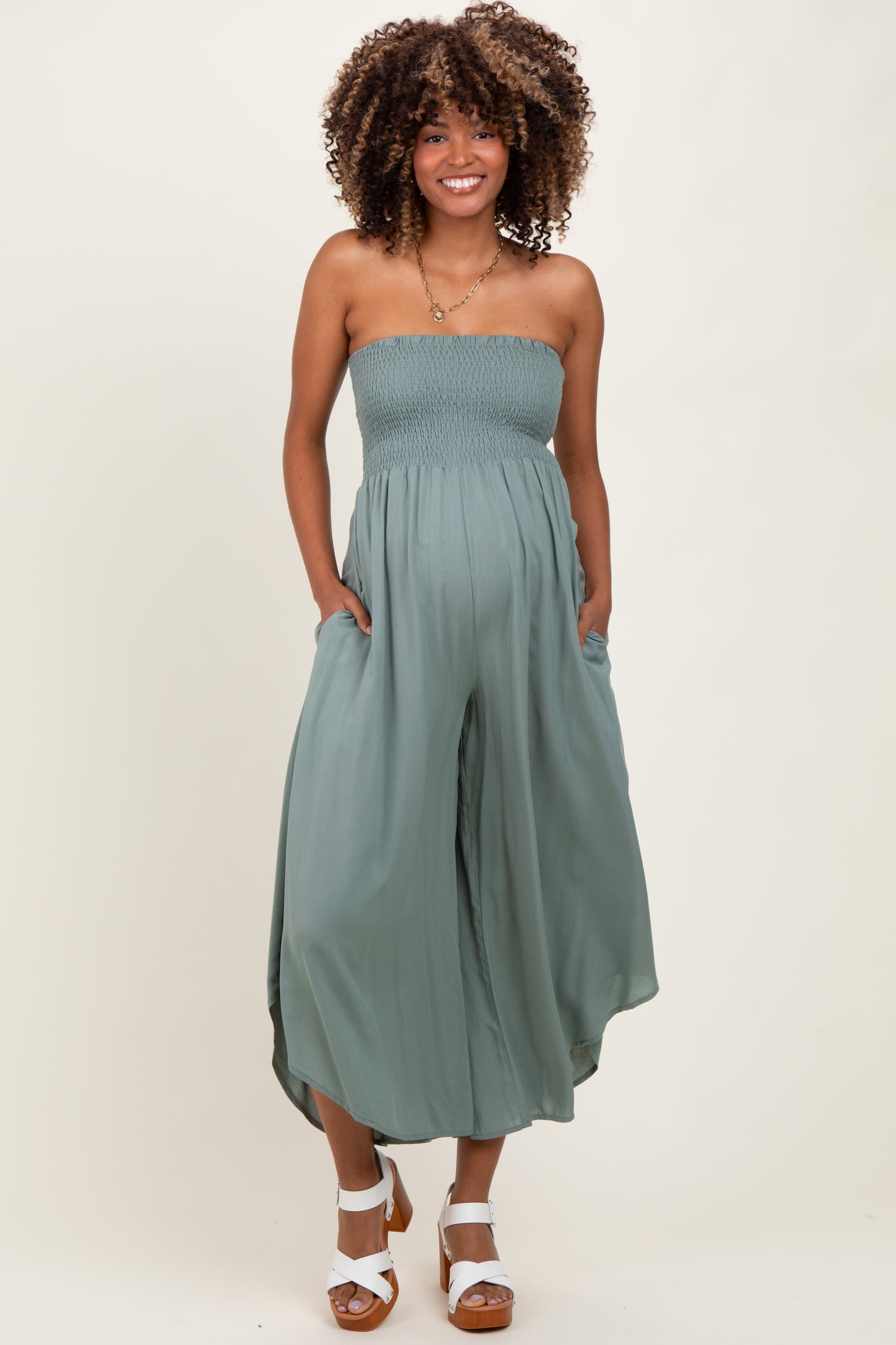 Light Olive Strapless Smocked Tulip Leg Maternity Jumpsuit