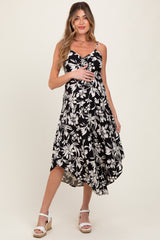 Black Tropical Floral Front Cinch Tie Maternity Midi Dress