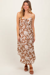 Camel Tropical Floral Front Cinch Tie Midi Dress