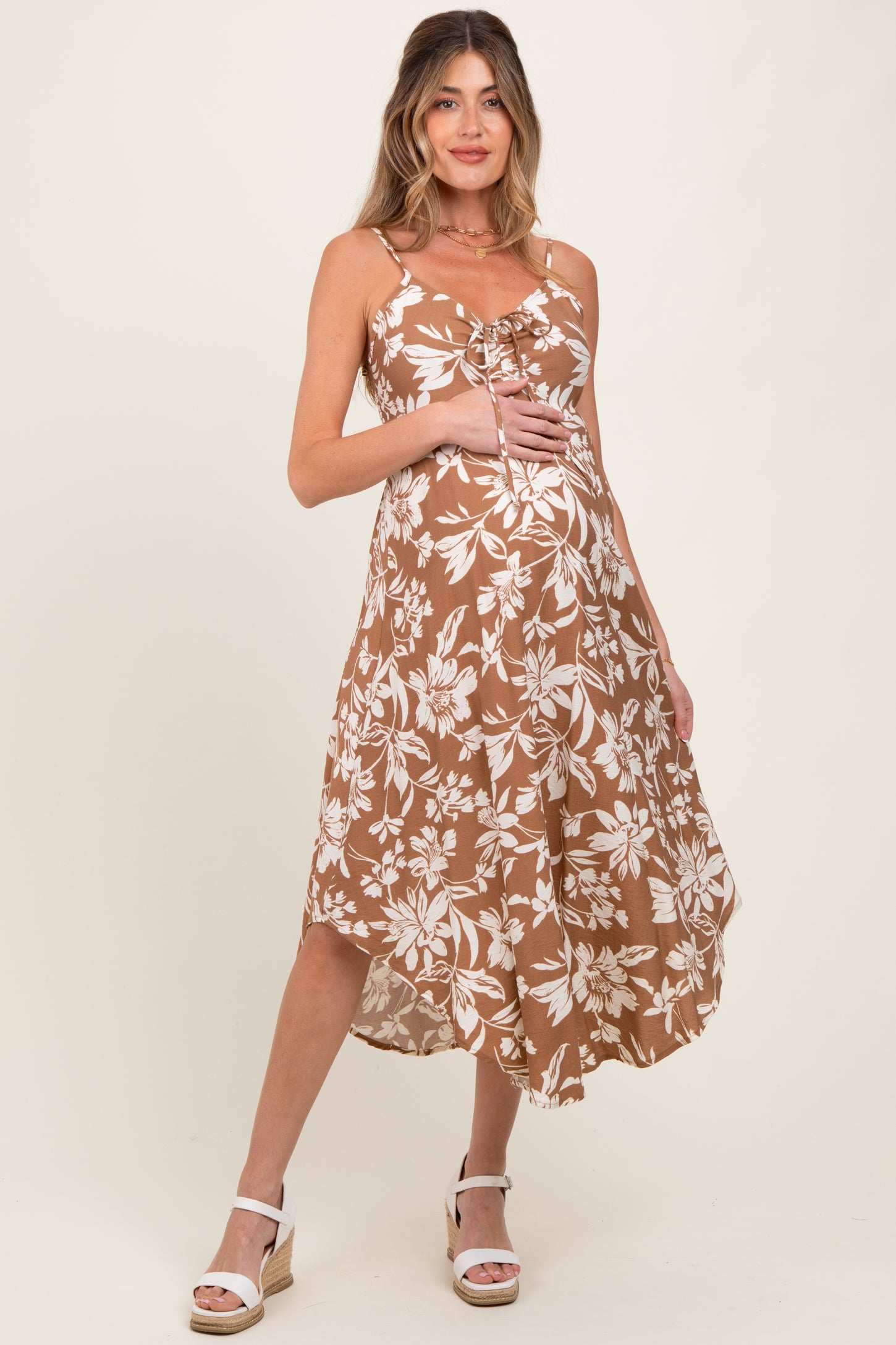 Camel Tropical Floral Front Cinch Tie Maternity Midi Dress