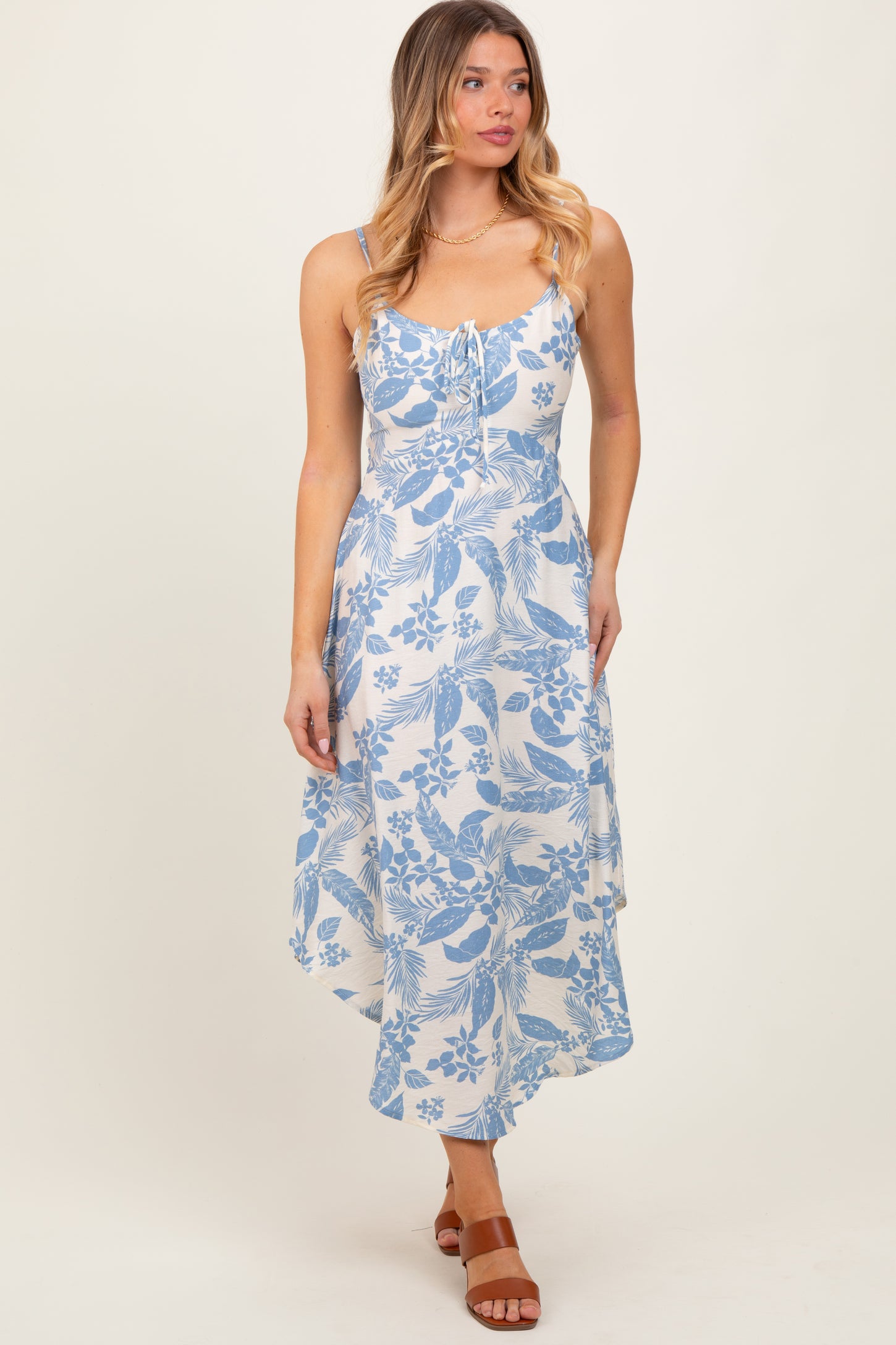 Light Blue Tropical Floral Front Cinched Tie Maternity Midi Dress