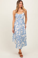 Light Blue Tropical Floral Front Cinched Tie Midi Dress