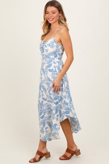 Light Blue Tropical Floral Front Cinched Tie Midi Dress