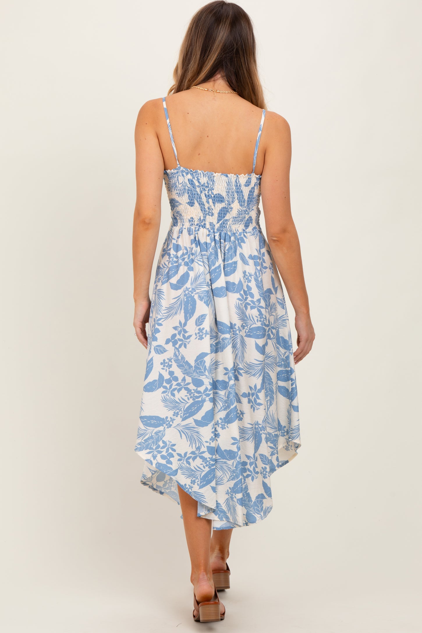 Light Blue Tropical Floral Front Cinched Tie Midi Dress