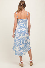 Light Blue Tropical Floral Front Cinched Tie Maternity Midi Dress