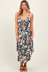 Black Tropical Floral Front Cinched Tie Midi Dress