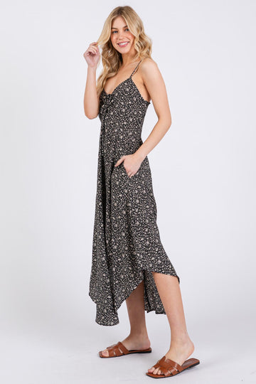 Black Floral Cinched Front Tie Midi Dress