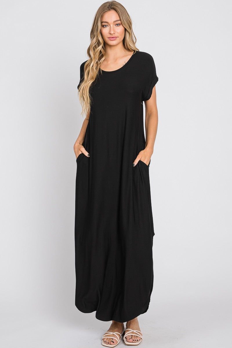 Black Round Hem Side Slit Maxi Dress