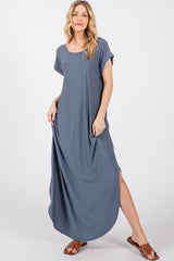 Blue Round Hem Side Slit Maxi Dress