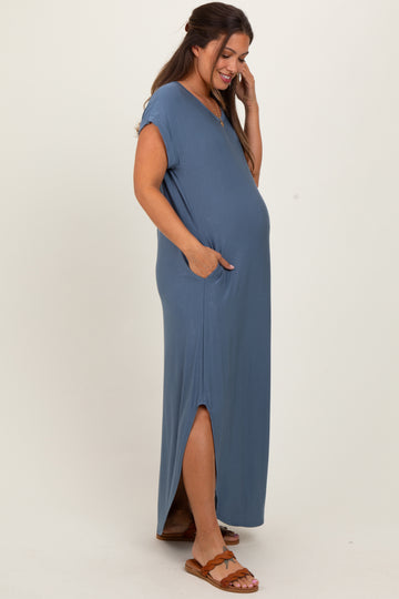 Blue Round Hem Side Slit Maternity Maxi Dress