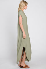 Light Olive Round Hem Side Slit Maxi Dress
