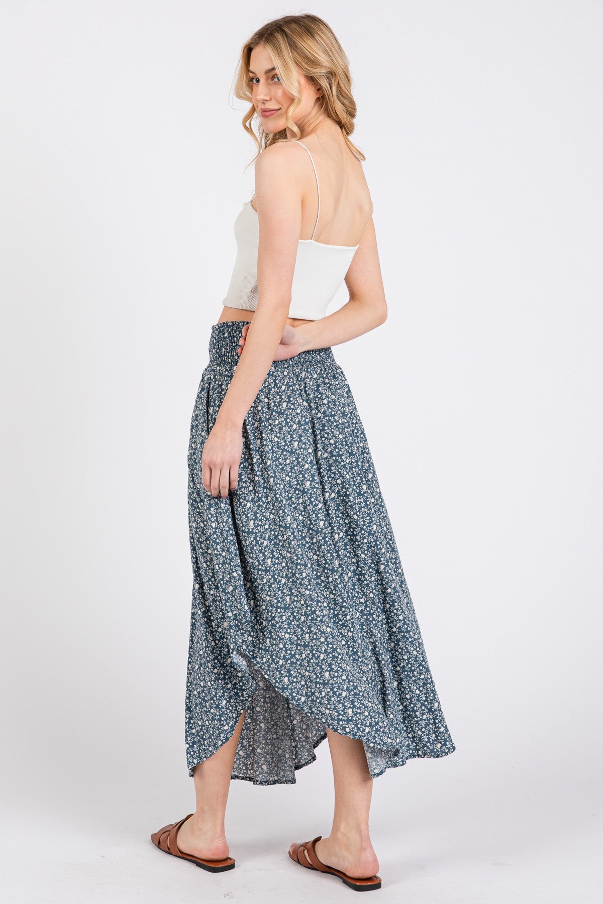 Blue Floral Smocked Waist Midi Skirt