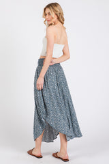 Blue Floral Smocked Waist Midi Skirt