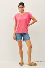 Fuchsia Linen Blend Short Sleeve Tee