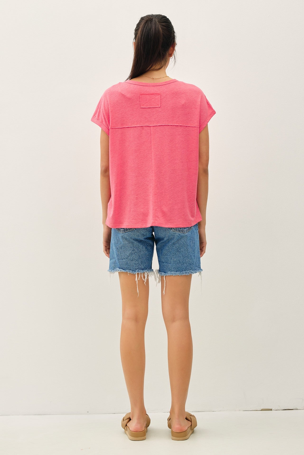 Fuchsia Linen Blend Short Sleeve Tee