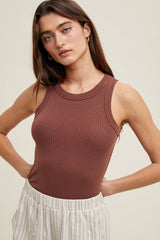 Brown Ribbed Basic Crew Neck Maternity Tank