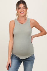 Light Olive Ribbed Basic Crew Neck Maternity Tank