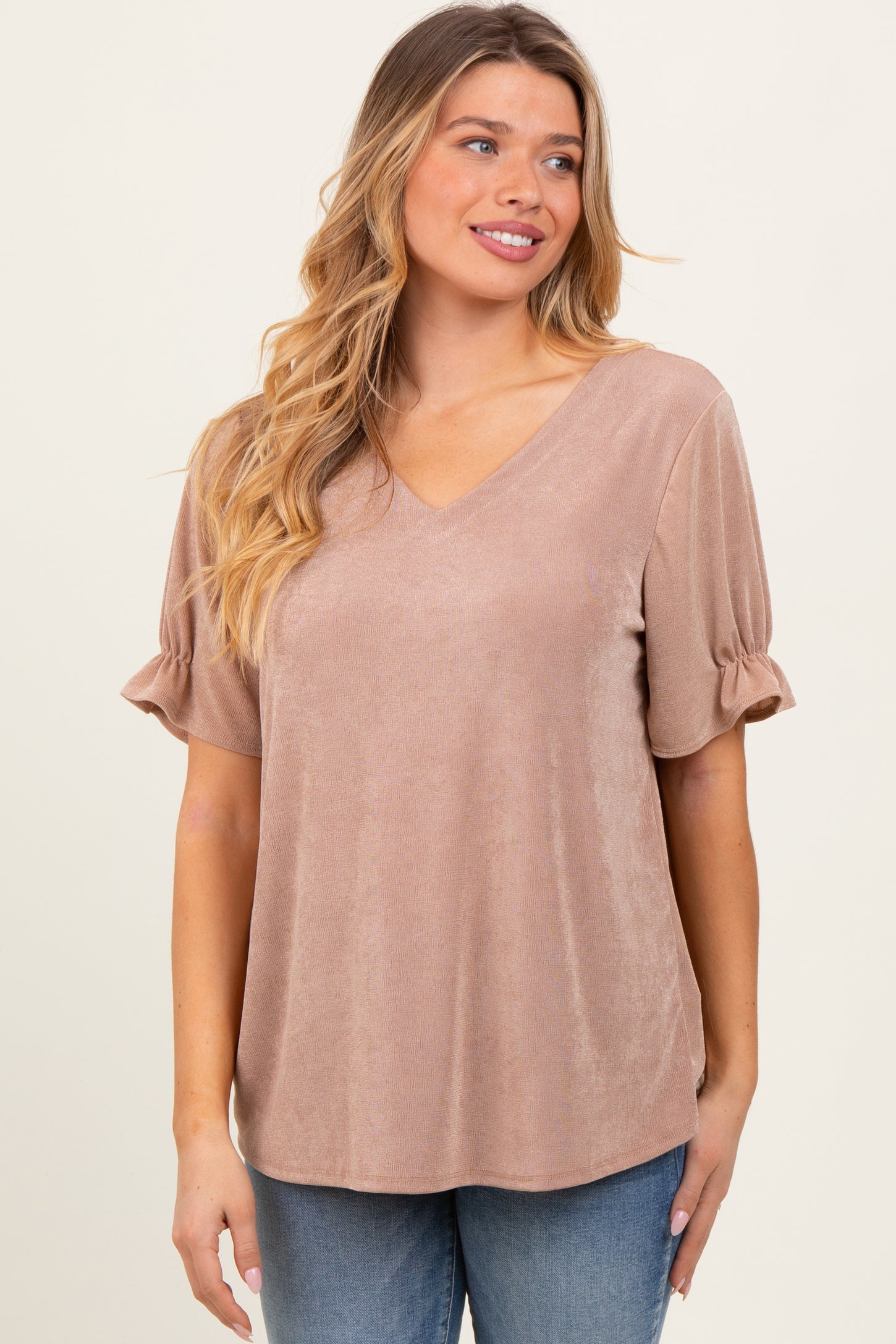 Mocha Relaxed Ruffle Detail Short Sleeve Top