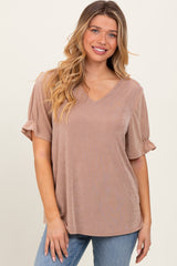 Mocha Relaxed Ruffle Detail Short Sleeve Top
