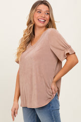 Mocha Relaxed Ruffle Detail Short Sleeve Top