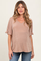 Mocha Relaxed Ruffle Detail Short Sleeve Maternity Top