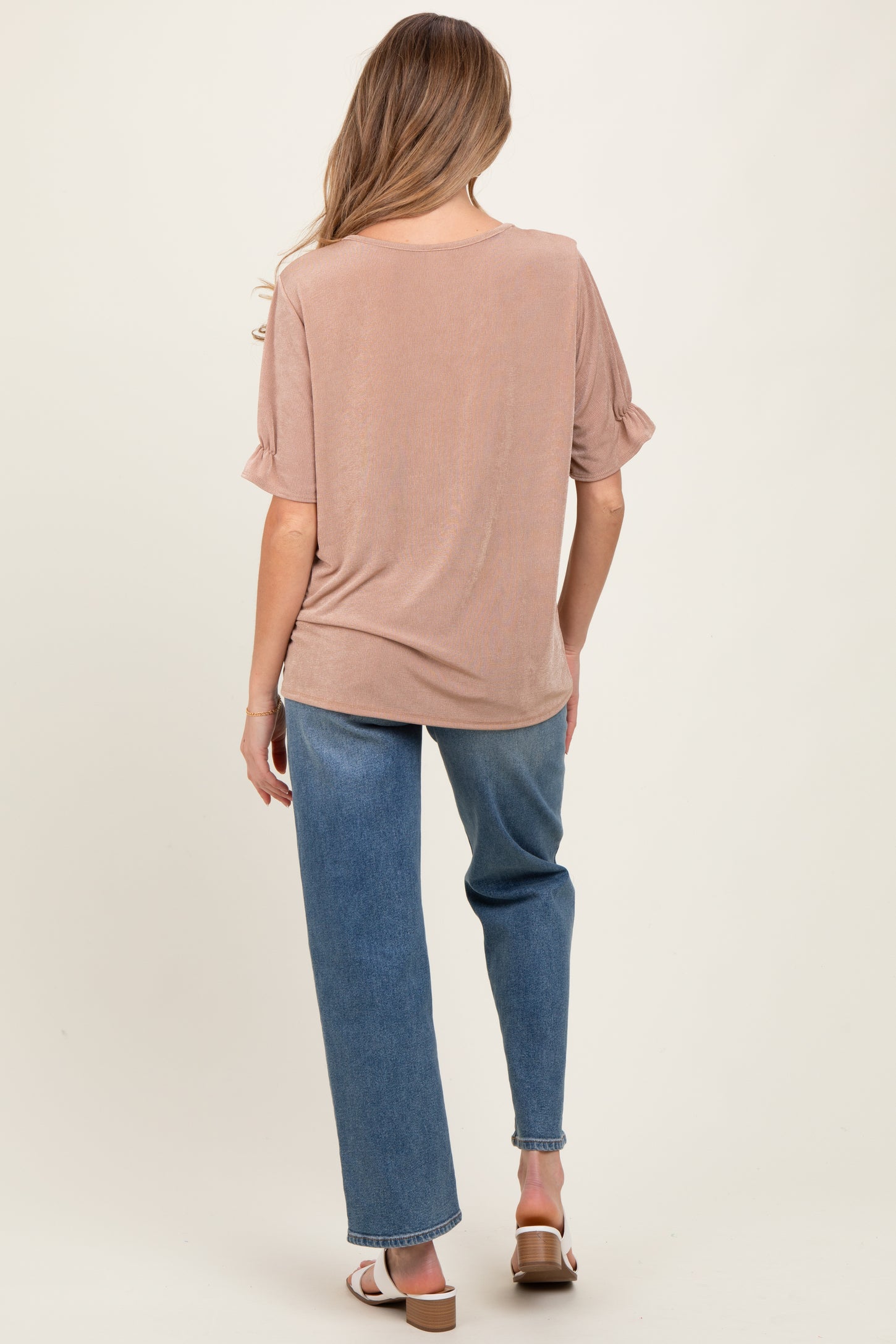 Mocha Relaxed Ruffle Detail Short Sleeve Maternity Top