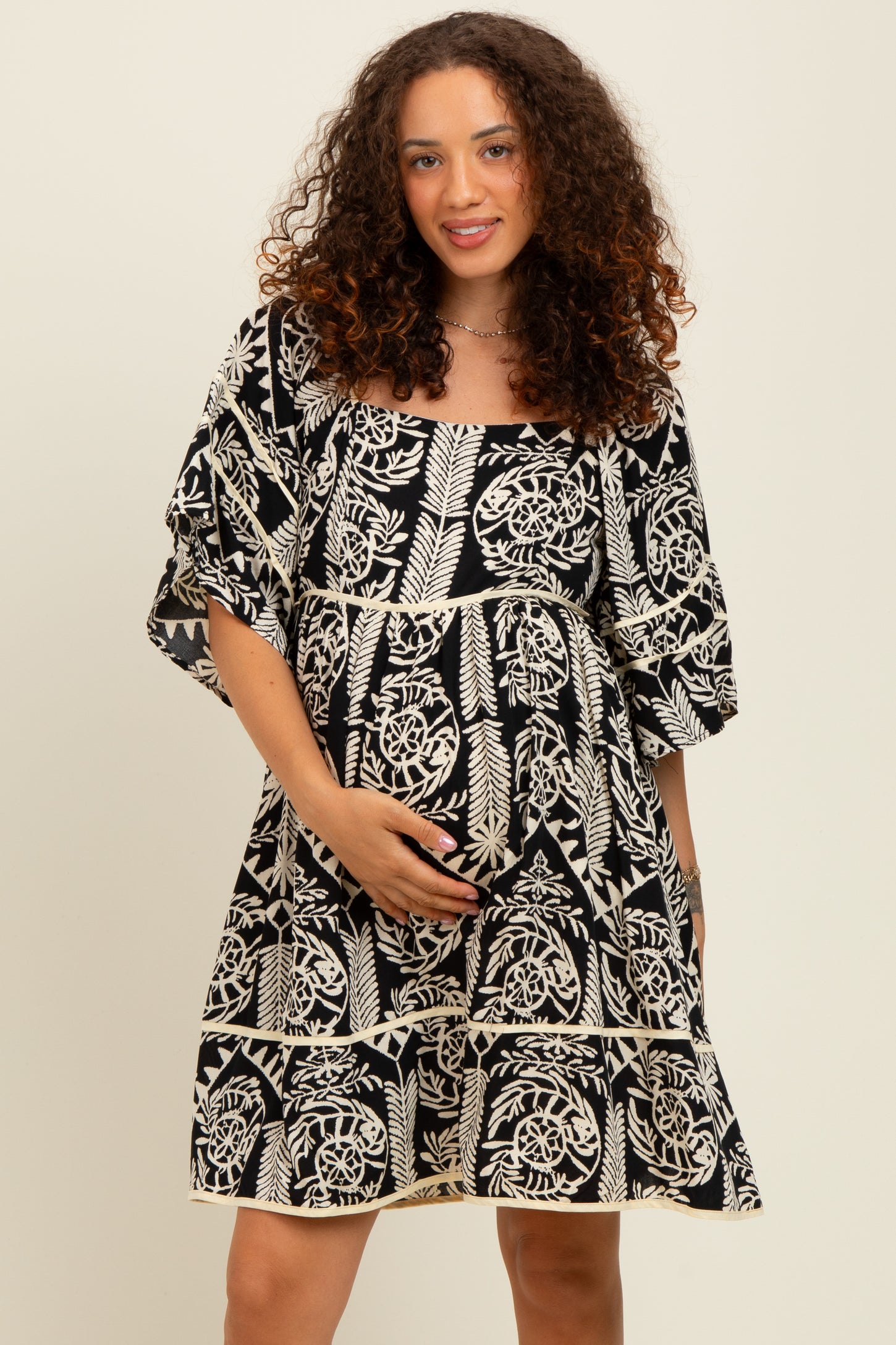 Black Printed Tie Back Contrast Trim Maternity Dress