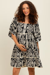 Black Printed Tie Back Contrast Trim Maternity Dress