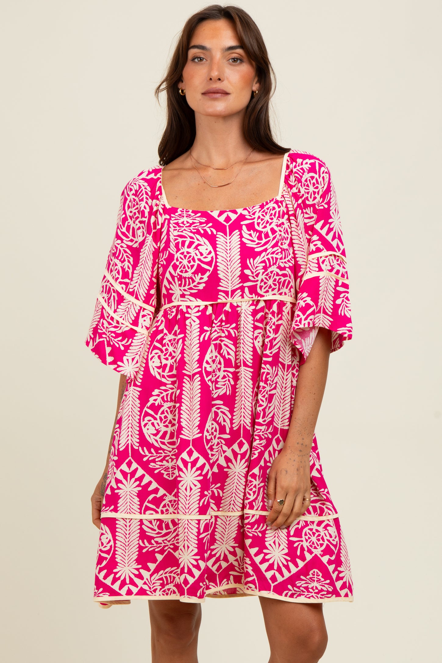 Fuchsia Printed Tie Back Contrast Trim Dress