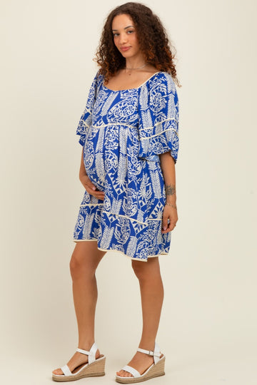 Royal Blue Printed Tie Back Contrast Trim Maternity Dress