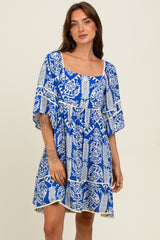 Royal Blue Printed Tie Back Contrast Trim Dress