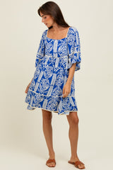 Royal Blue Printed Tie Back Contrast Trim Maternity Dress