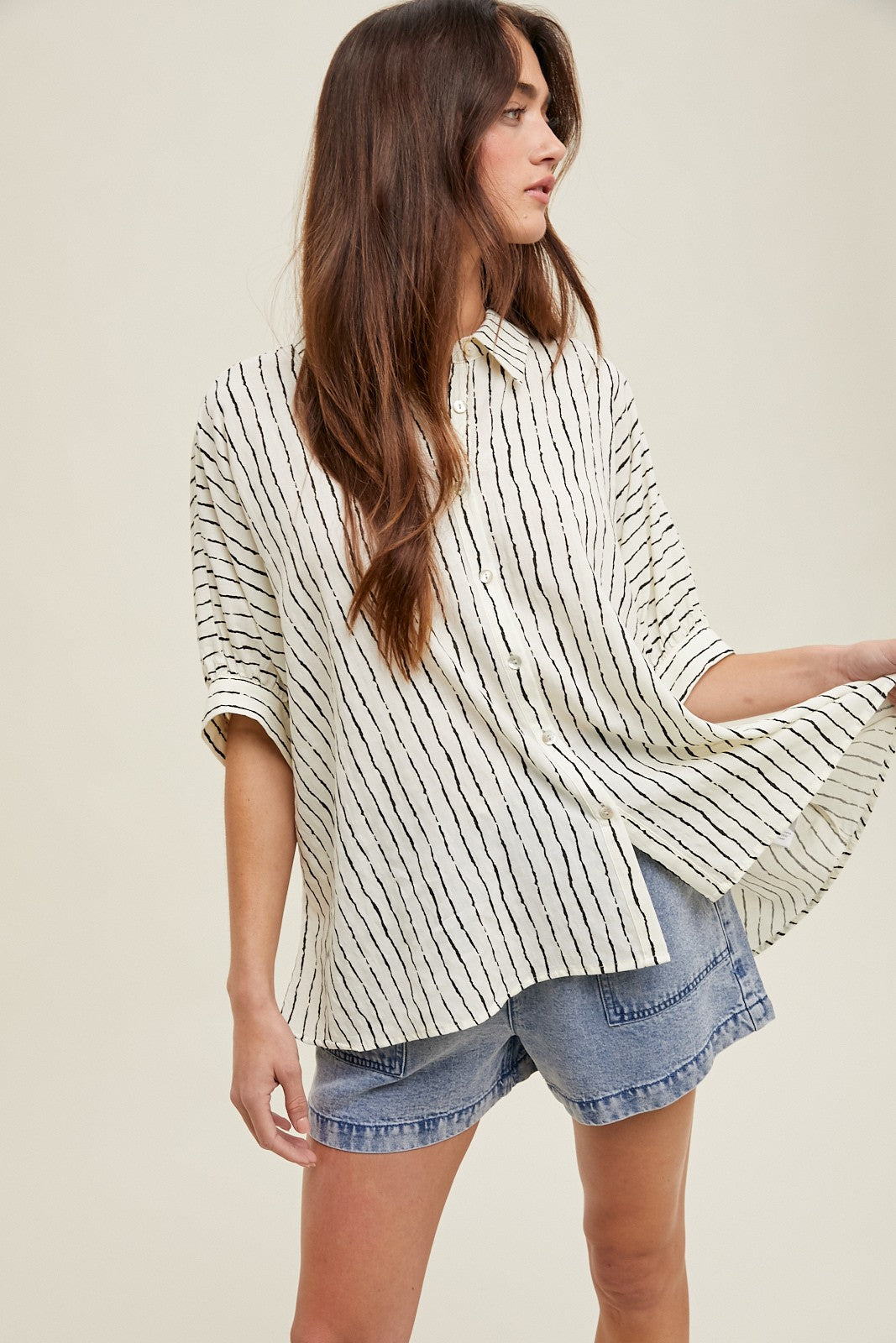Ivory Striped Drop Shoulder Button Down Maternity Blouse
