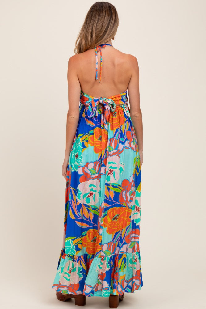 Royal Blue Floral Halter Cutout Tie Back Maternity Maxi Dress