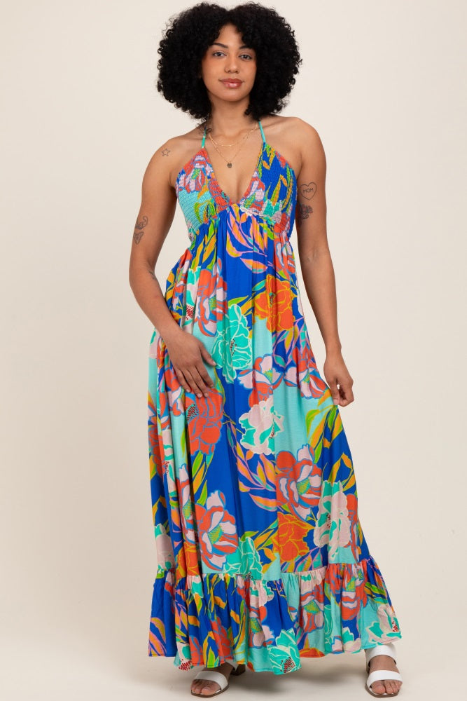 Royal Blue Floral Halter Cutout Tie Back Maternity Maxi Dress