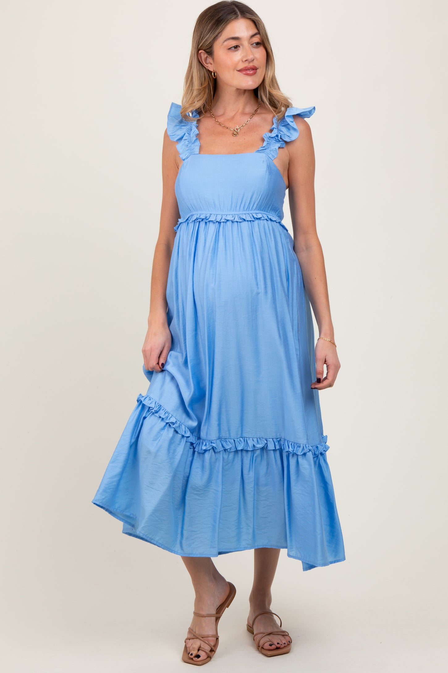 Blue Ruffle Strap Square Neck Maternity Midi Dress
