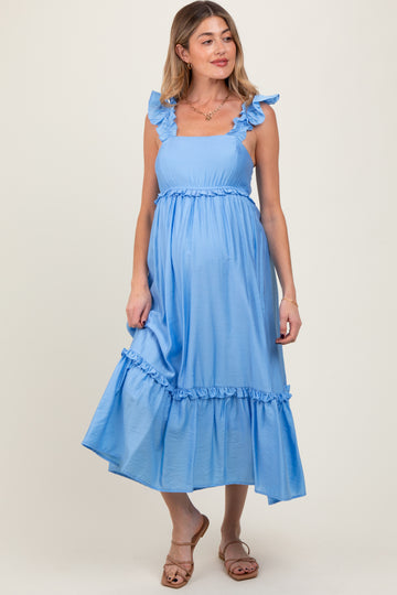 Blue Ruffle Strap Square Neck Maternity Midi Dress